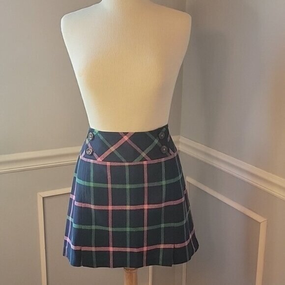VINEYARD VINES Navy Blue Pink Green Plaid A Line Preppy Academia Mini Skirt 10 - Picture 1 of 7